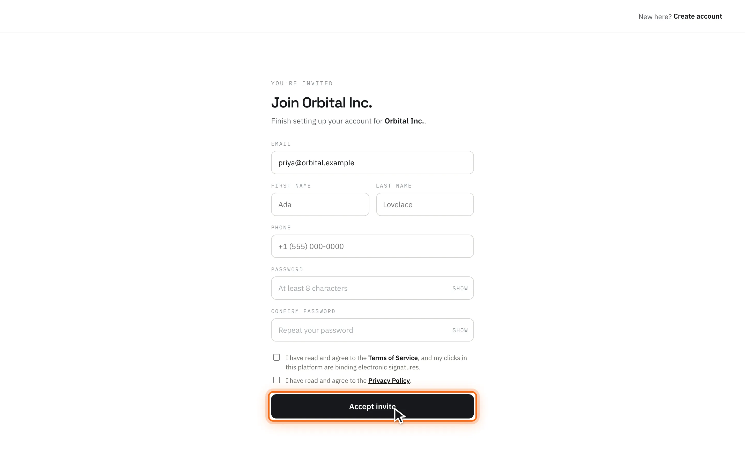 The invite acceptance form for joining a workspace with the “Accept invite” button highlighted