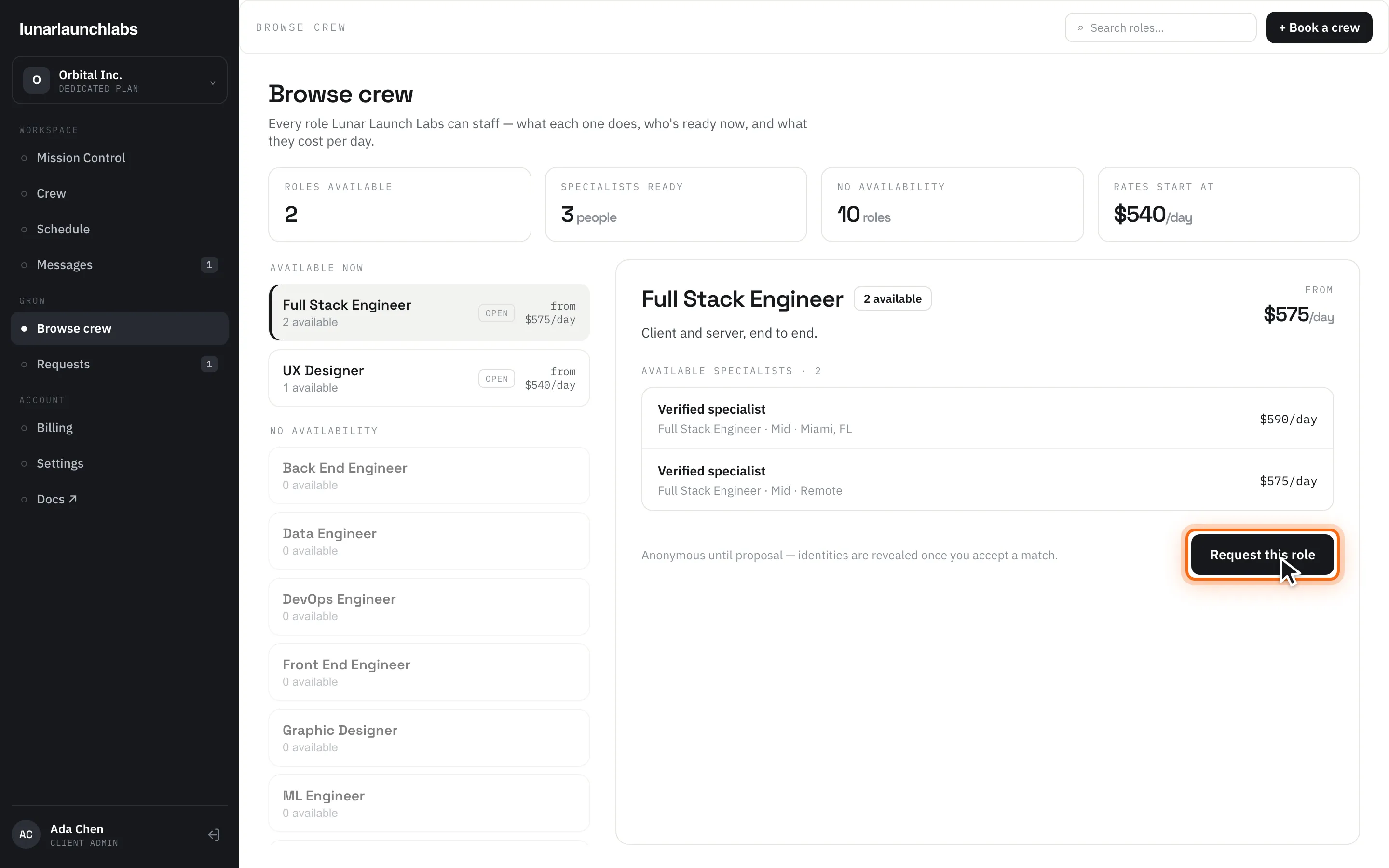 The Browse crew marketplace showing anonymized “Verified specialist” cards with titles, seniority, locations, and day rates