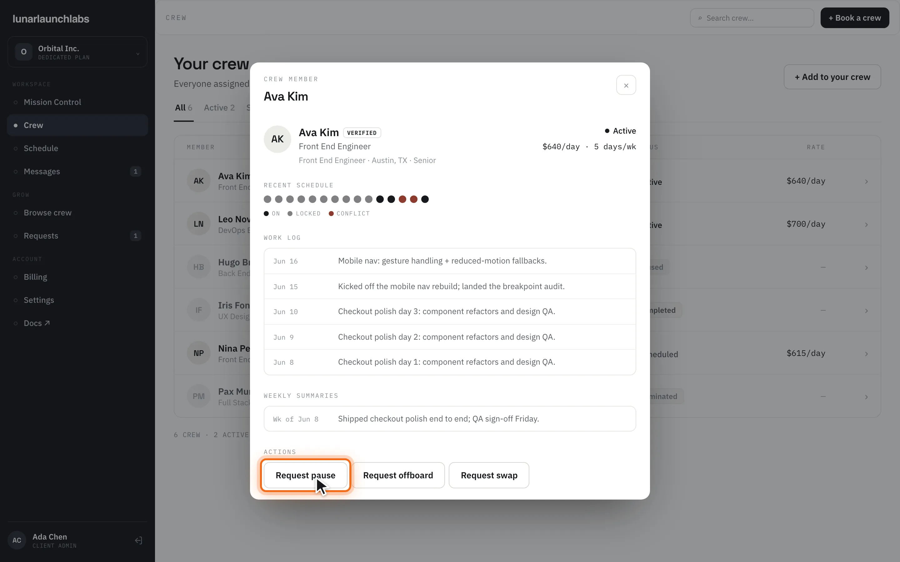 A crew member’s detail sheet showing profile, recent schedule, work log, and the “Request pause” action highlighted