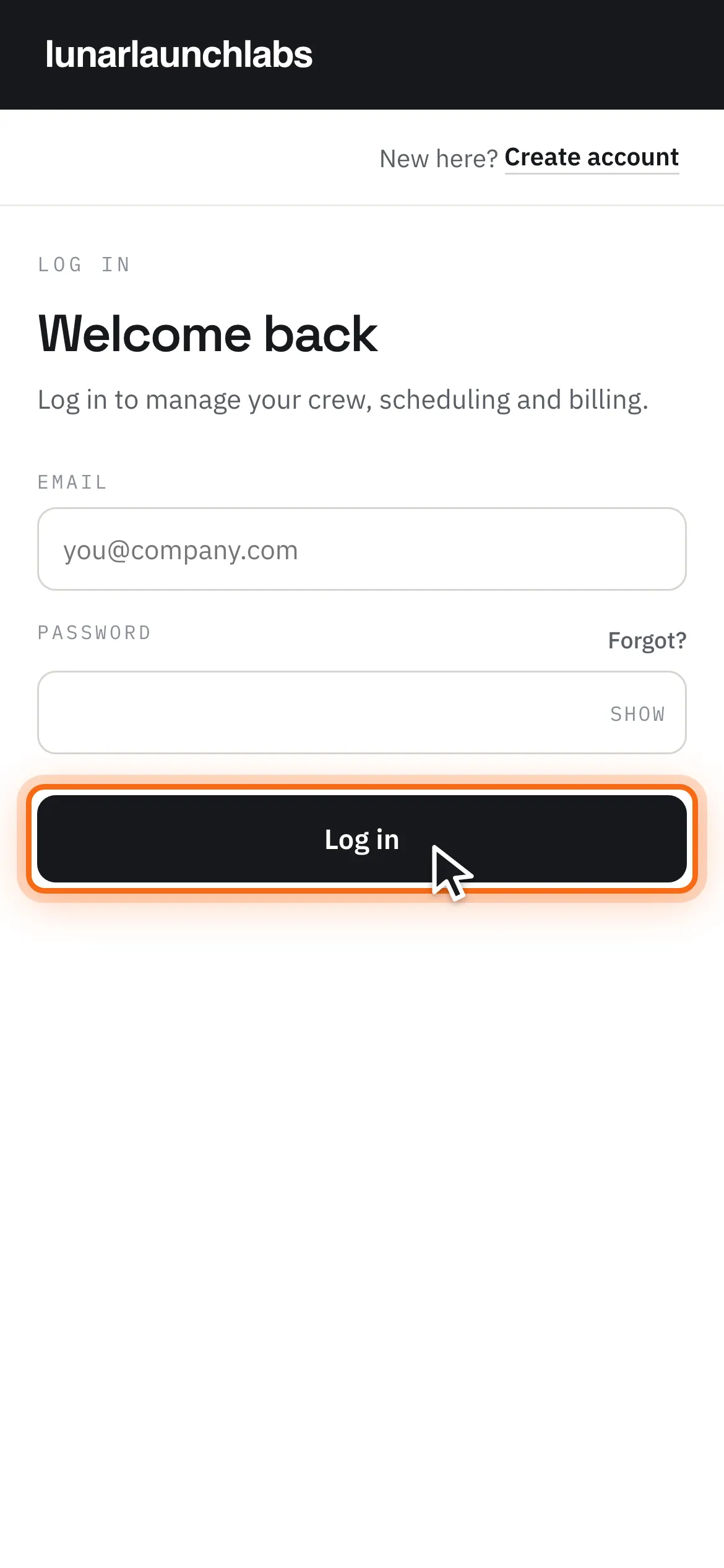 The sign-in screen at phone width with the “Log in” button highlighted