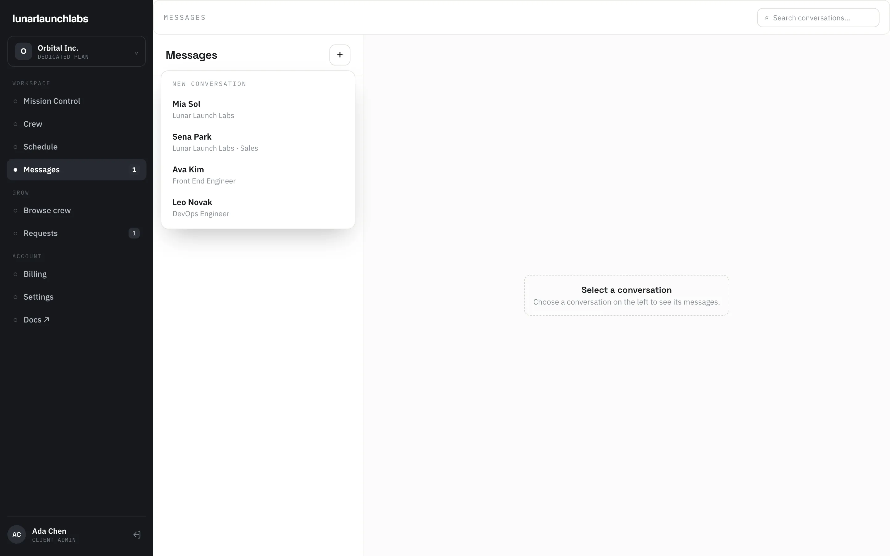 The compose picker opened from the “+” button, listing everyone you’re allowed to message with their context labels