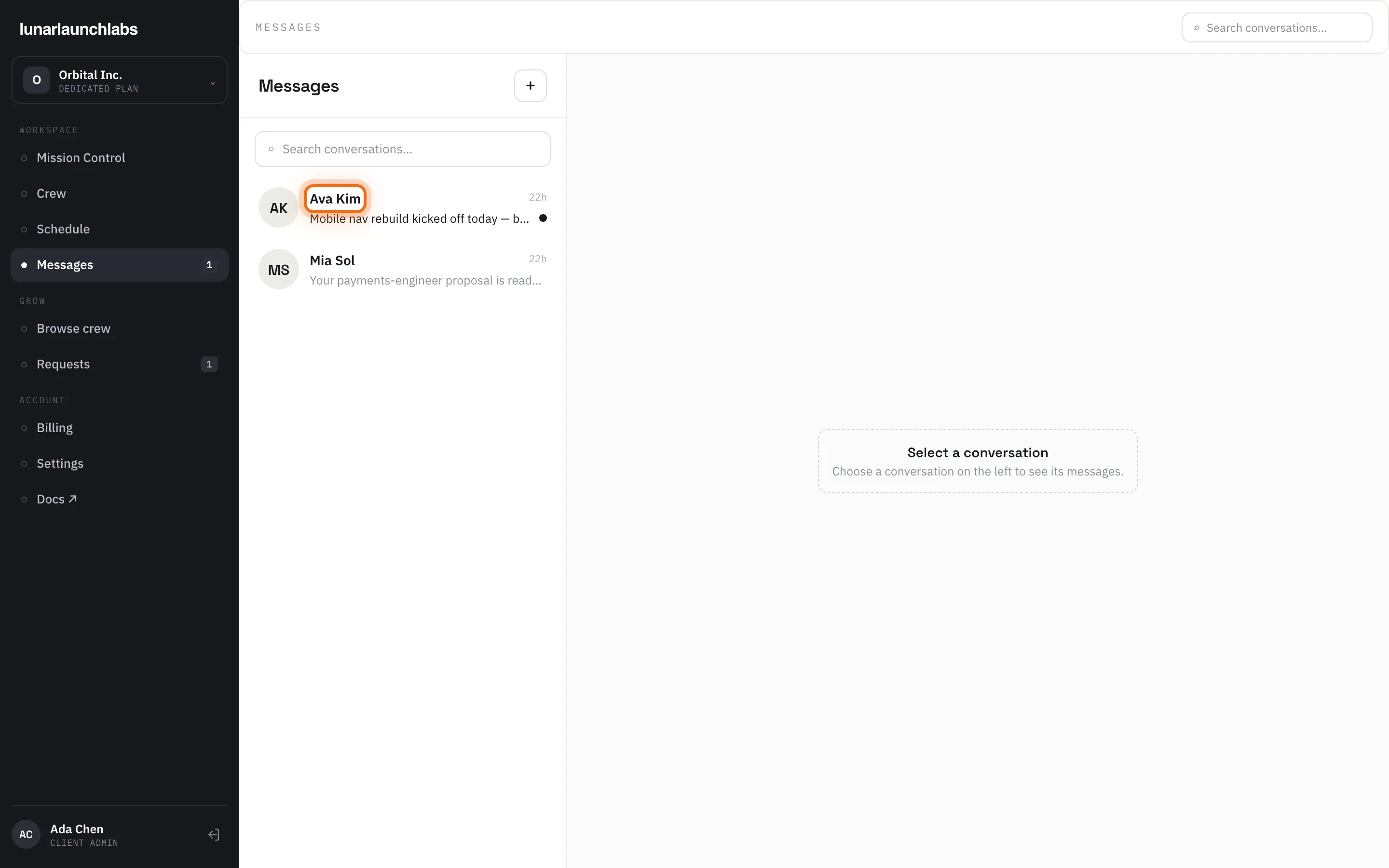 The client messages surface — conversation list on the left, the active thread and composer on the right