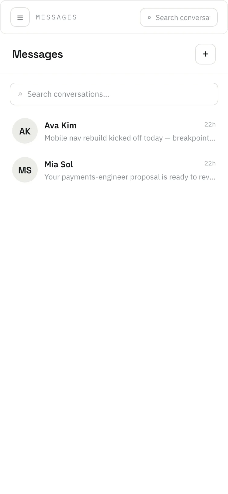 The Messages page at phone width, showing one pane at a time with the “← All conversations” control to return to the list