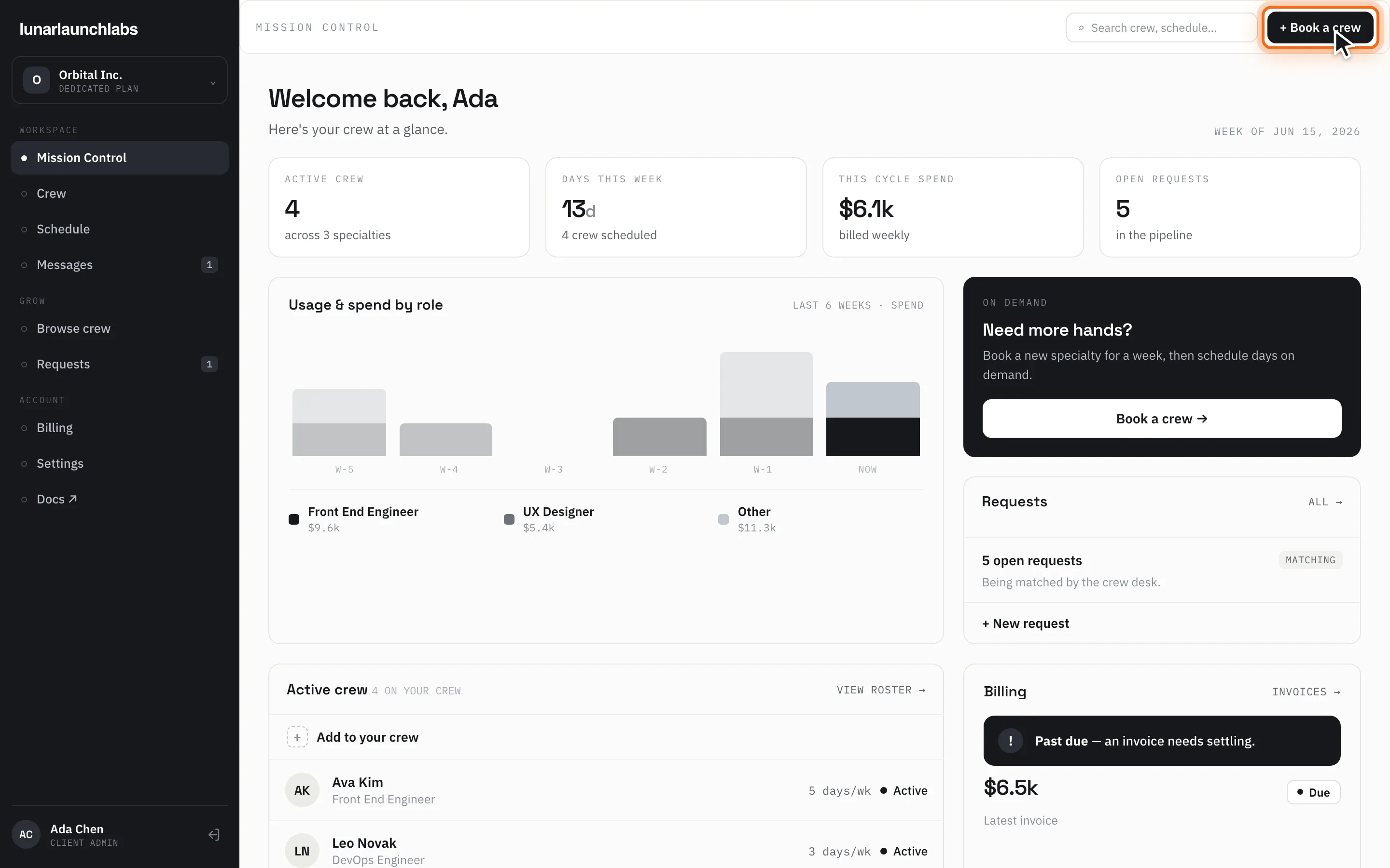 The client Mission Control — the workspace home with crew, requests, and billing at a glance