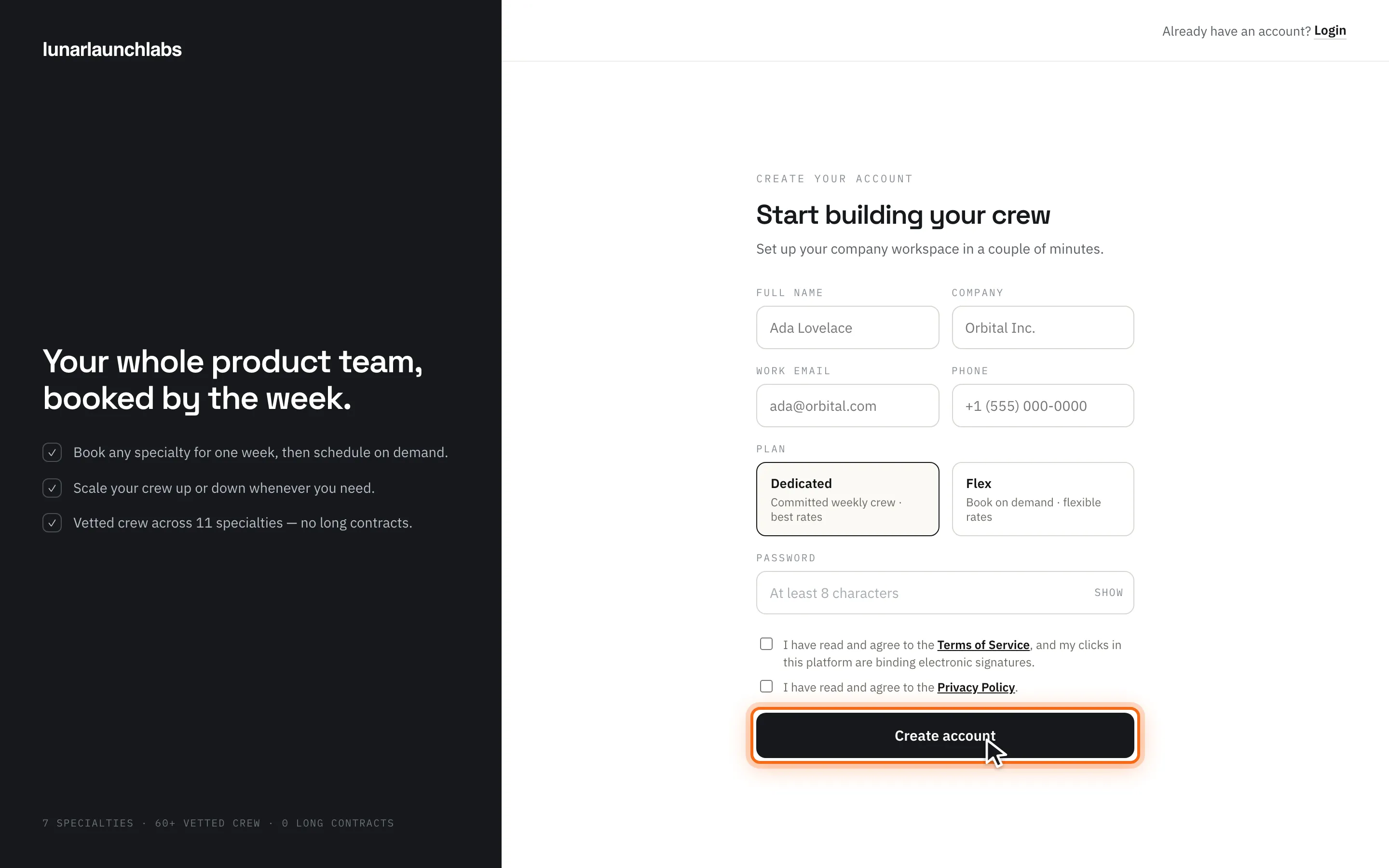 The registration form with company, plan choice, consent checkboxes, and the “Create account” button highlighted