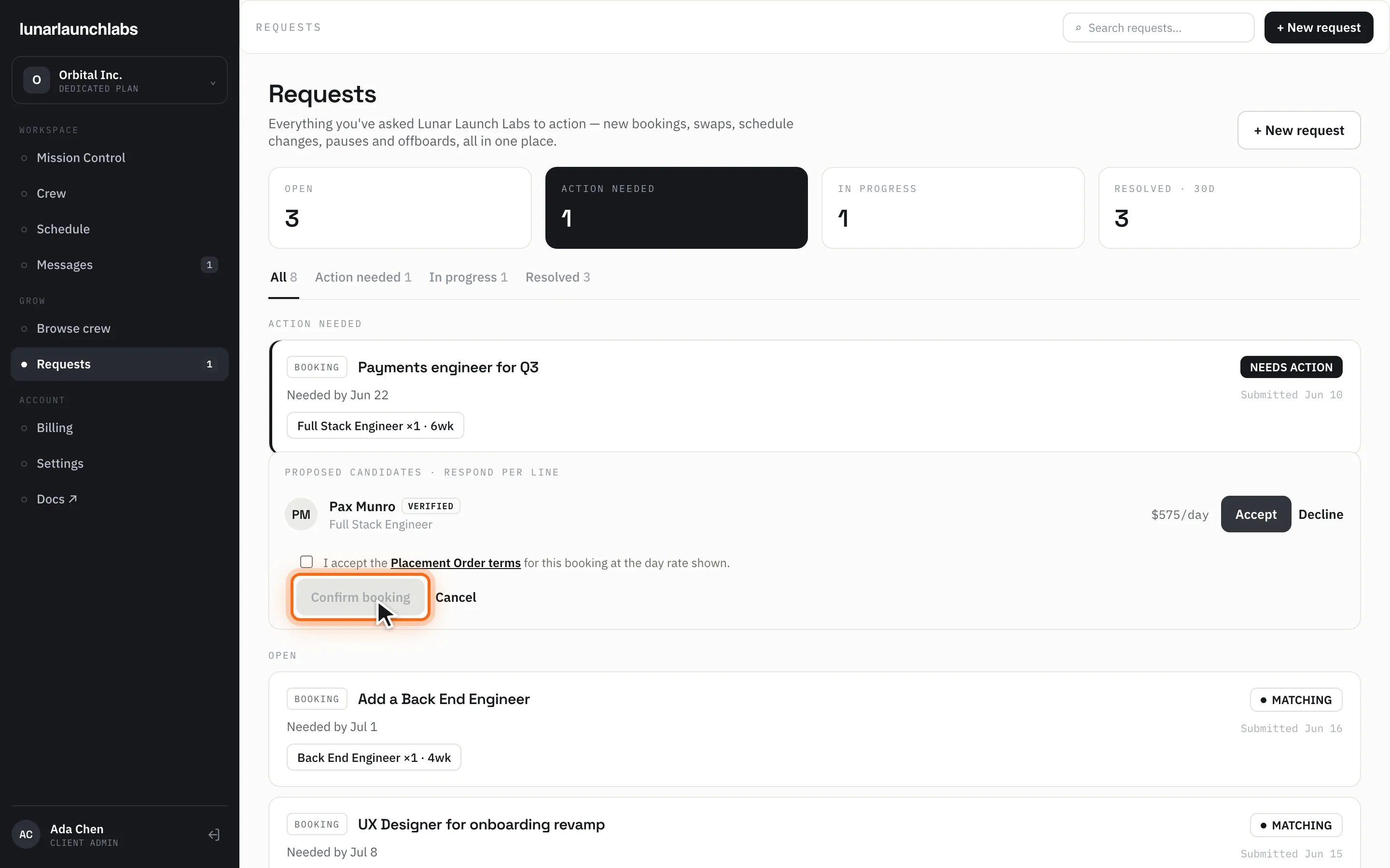 The booking confirmation clickwrap with the Placement Order checkbox and the “Confirm booking” button highlighted
