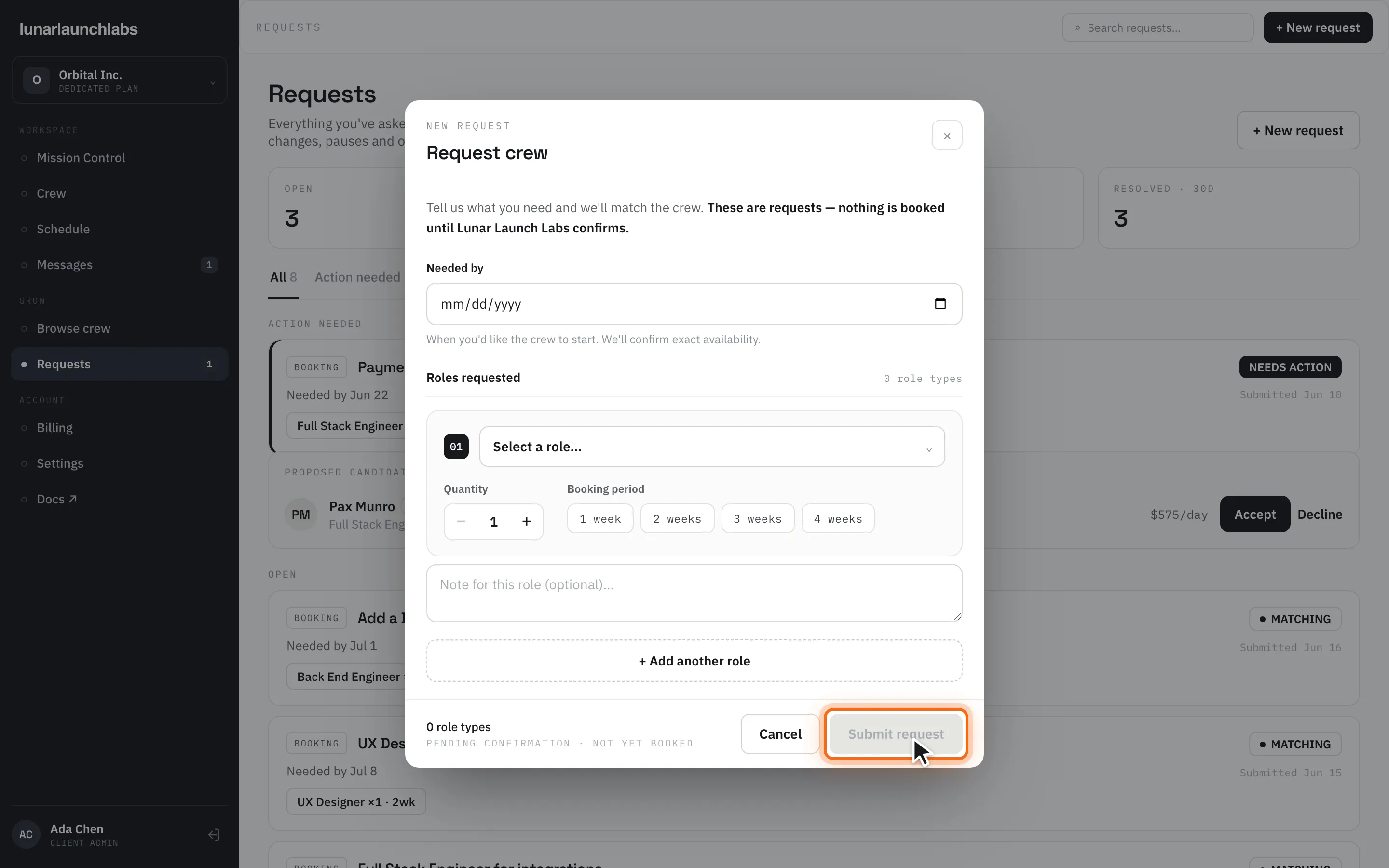 The “Request crew” sheet with role lines, booking-period chips, and the “Submit request” button highlighted