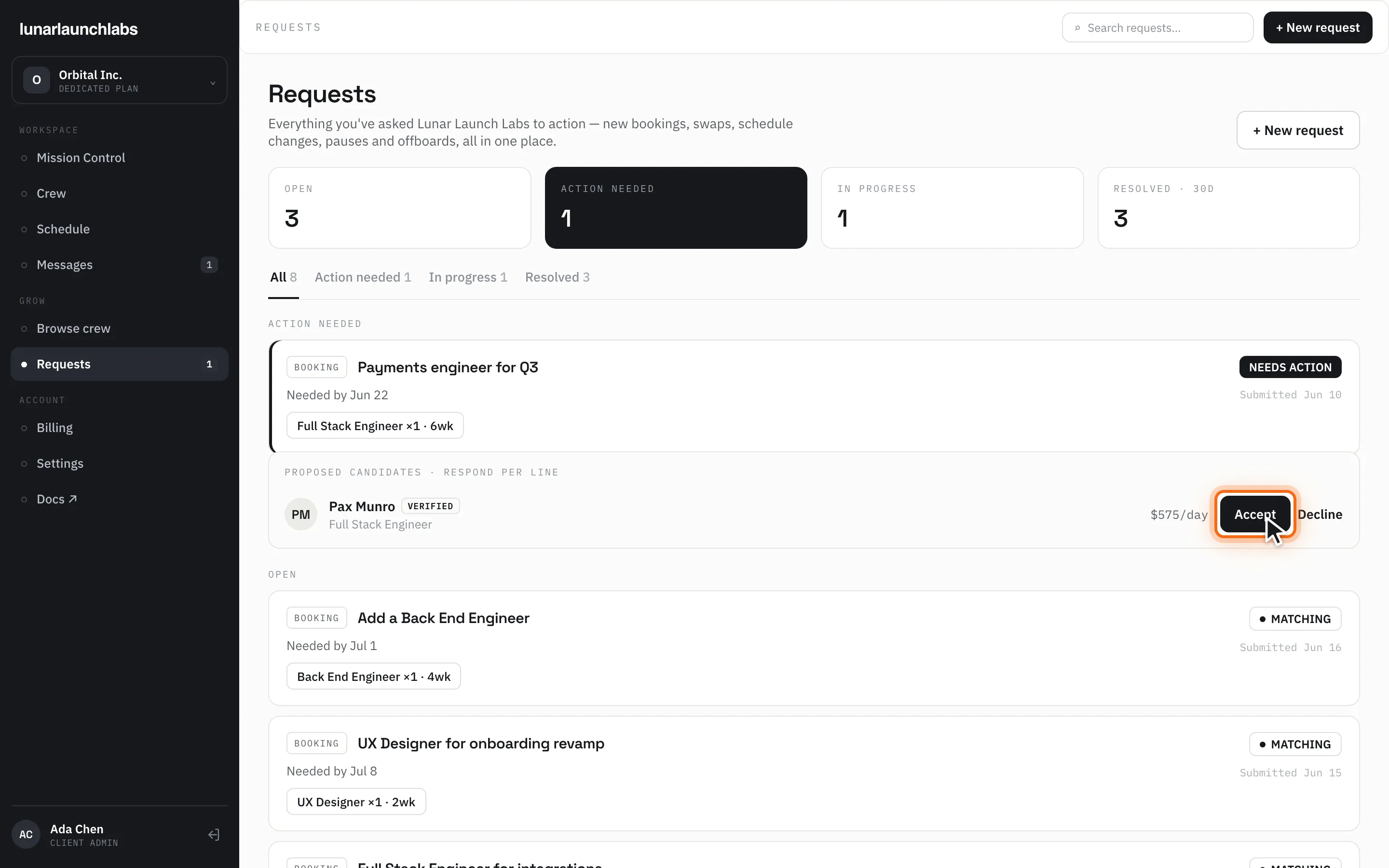 A proposal awaiting response — the reveal moment, with the named, verified candidate and the per-line “Accept” button highlighted