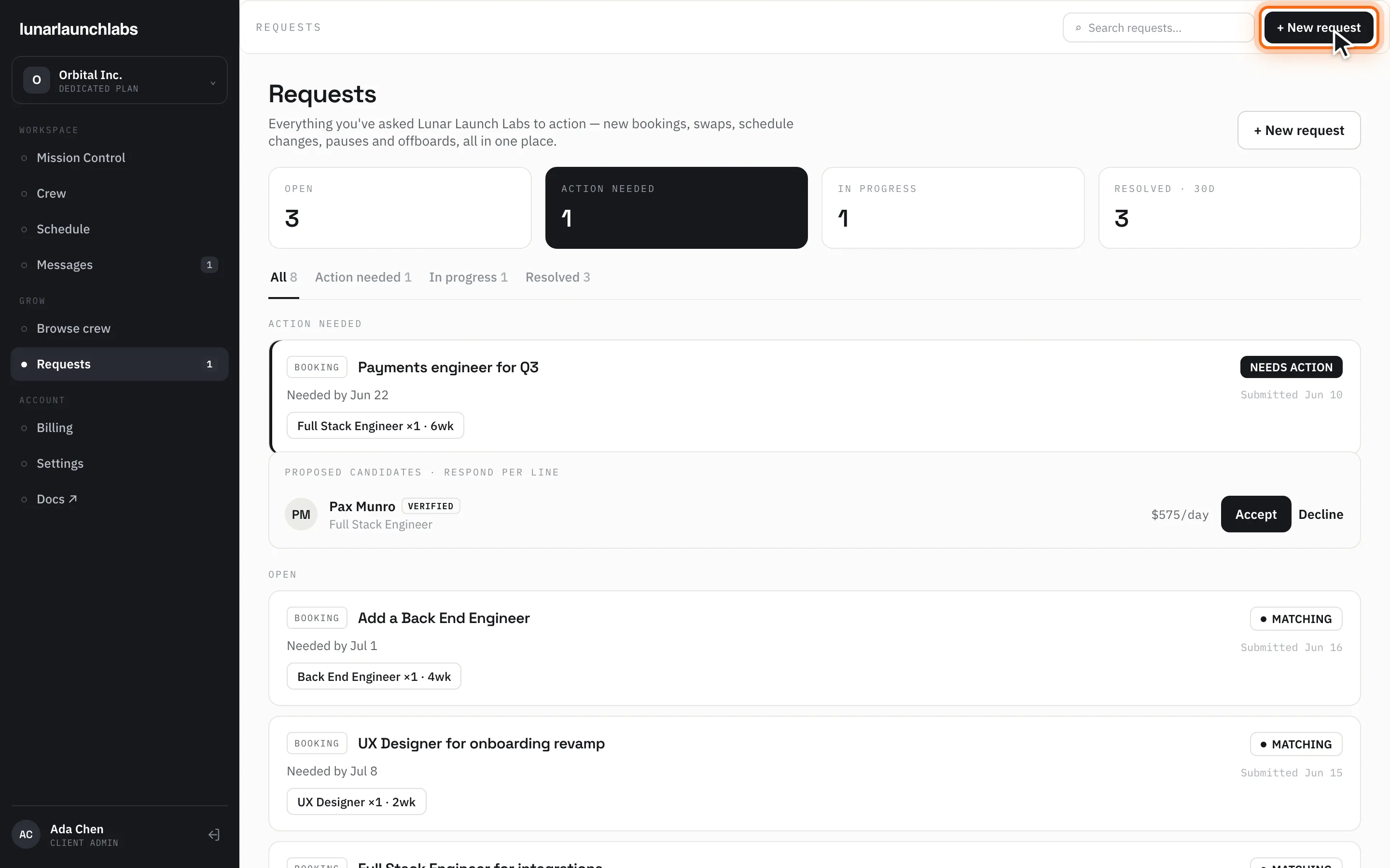 The client requests pipeline grouped by status, with the “+ New request” button highlighted