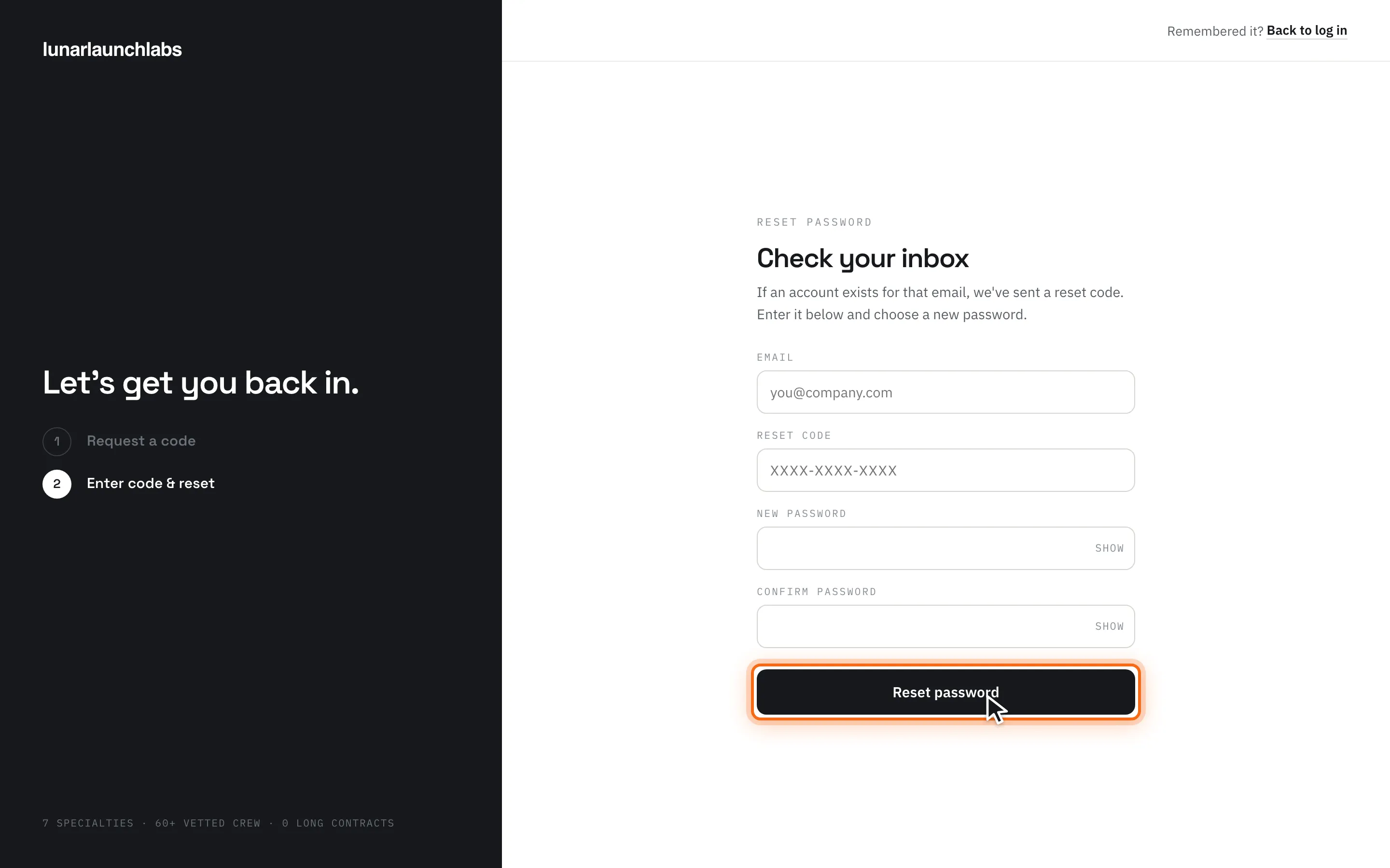 The reset screen with code and new-password fields and the “Reset password” button highlighted