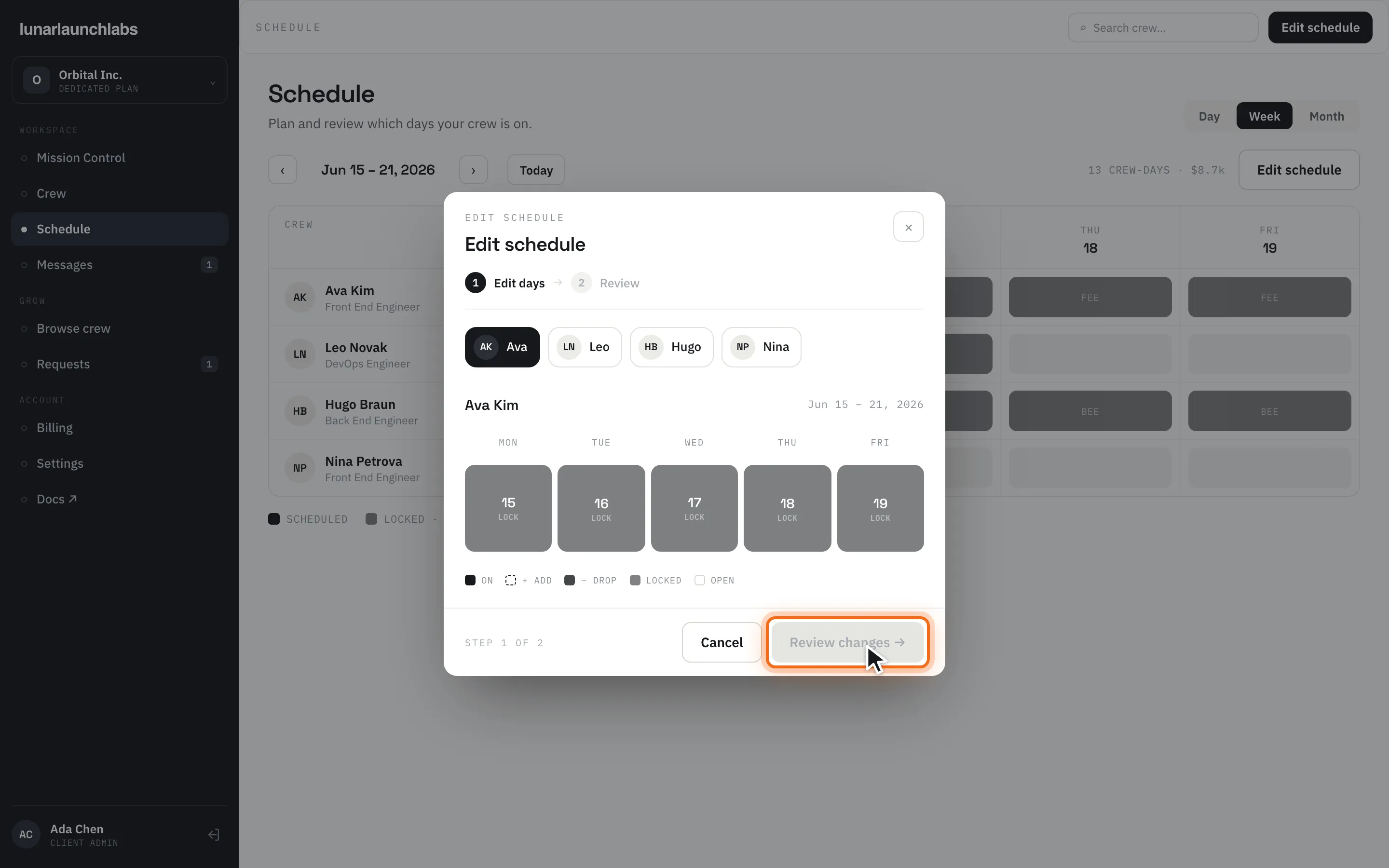 The edit-schedule modal on step one with the “Review changes →” button highlighted
