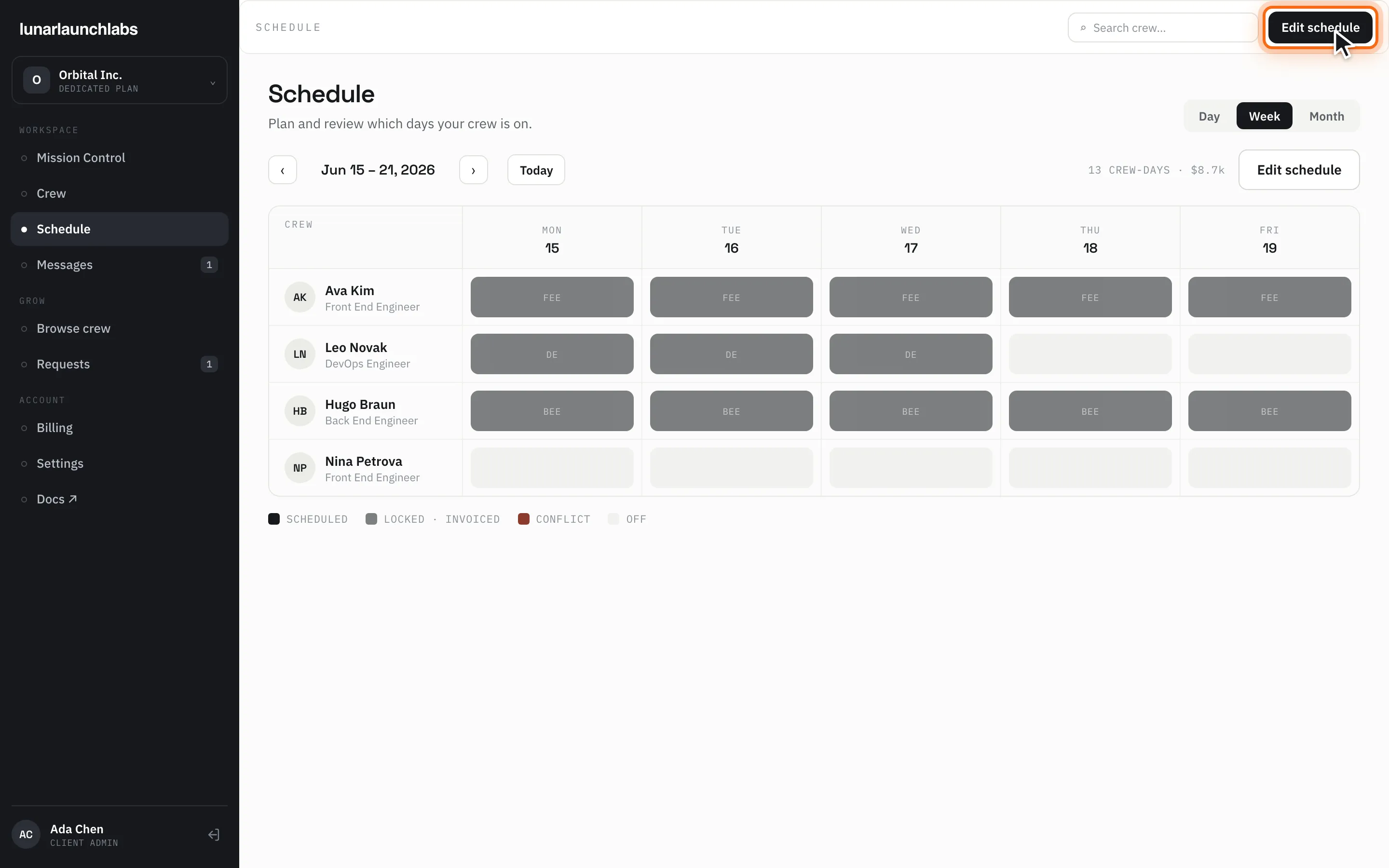 The client Schedule page’s Monday–Friday grid, with invoiced days shown locked and future days editable