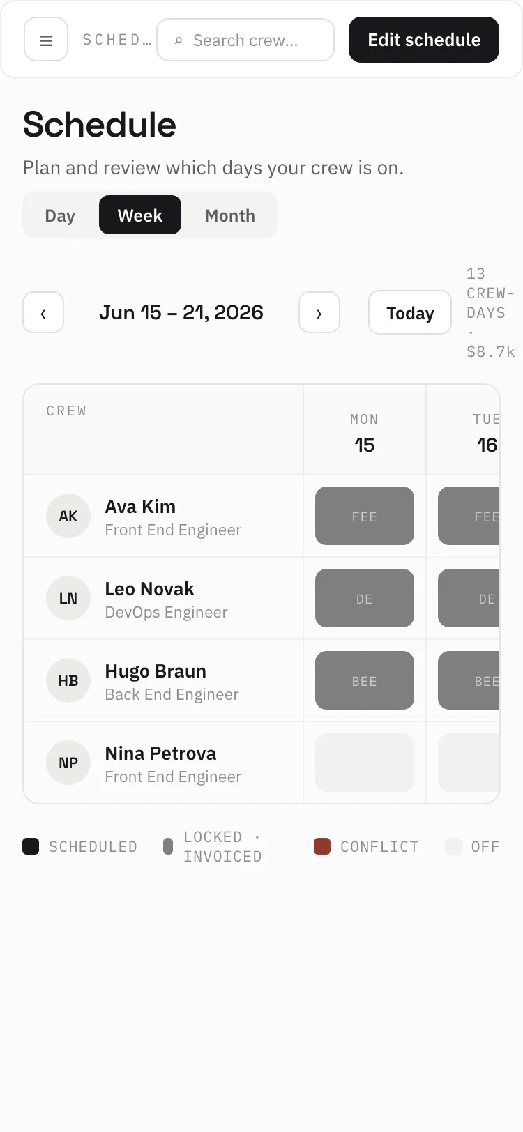The Schedule page at phone width, with the Monday–Friday grid stacked for a single-column layout