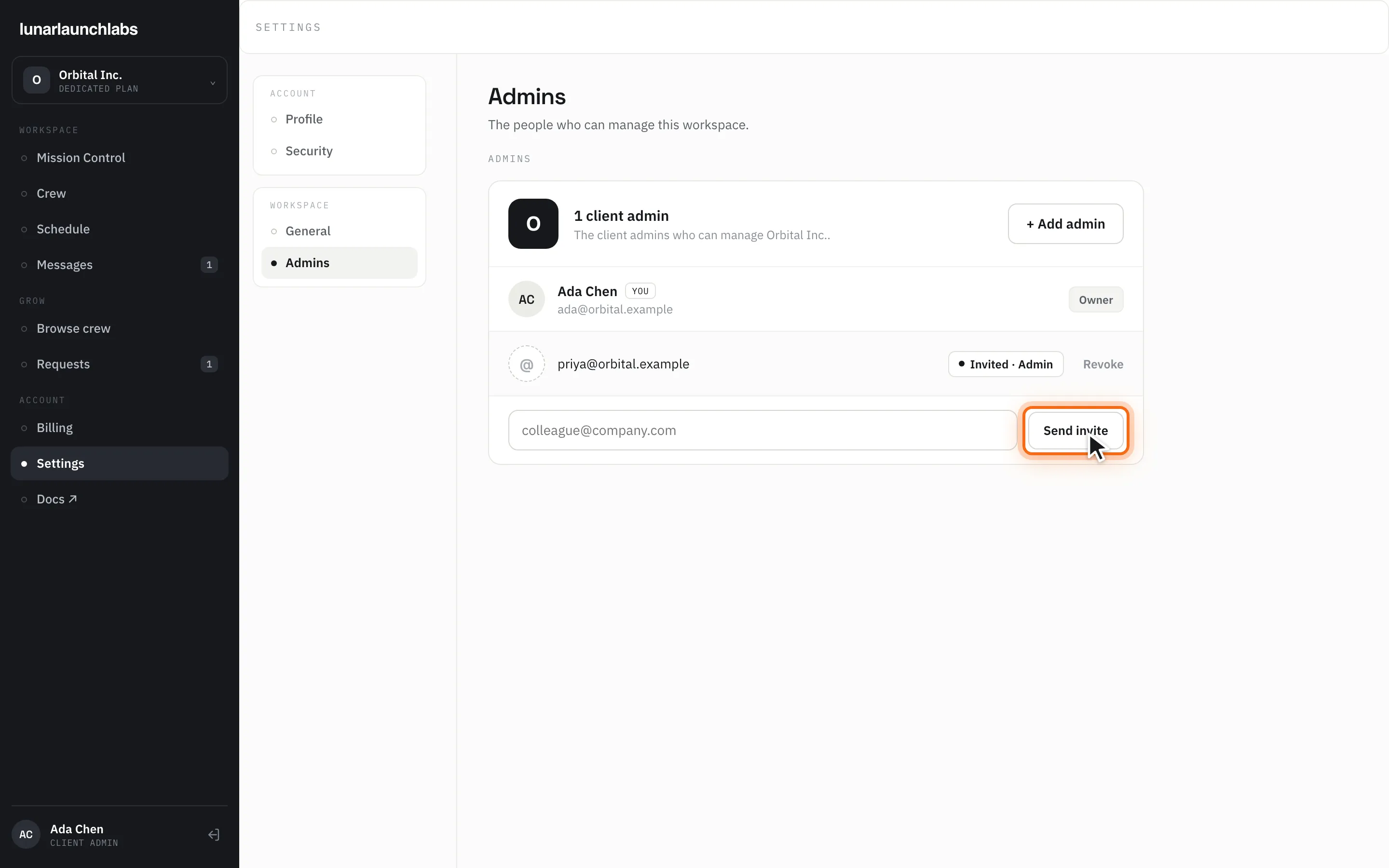 The Admins section with member rows, a pending invite, and the “Send invite” button highlighted
