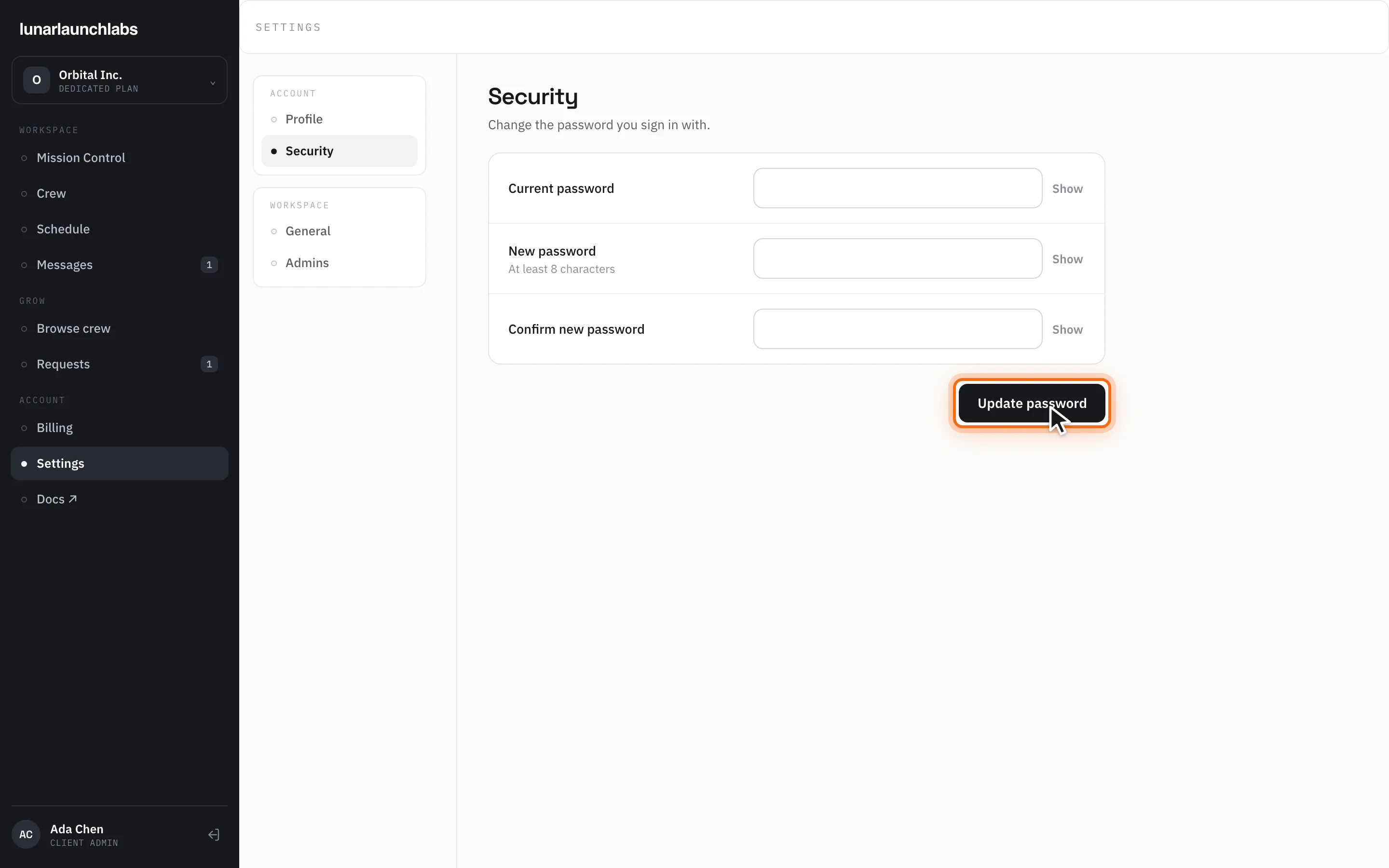 The Security section with current/new password fields and the “Update password” button highlighted
