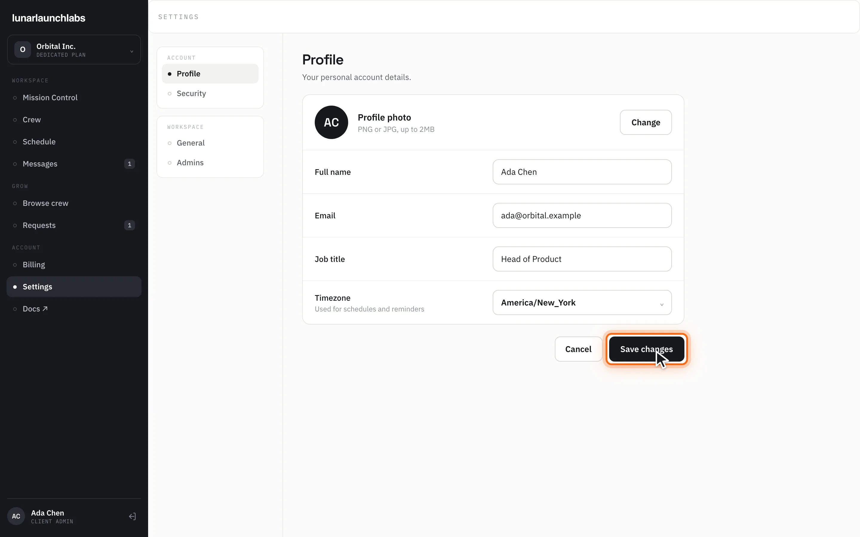 Client settings on the Profile section with the “Save changes” button highlighted