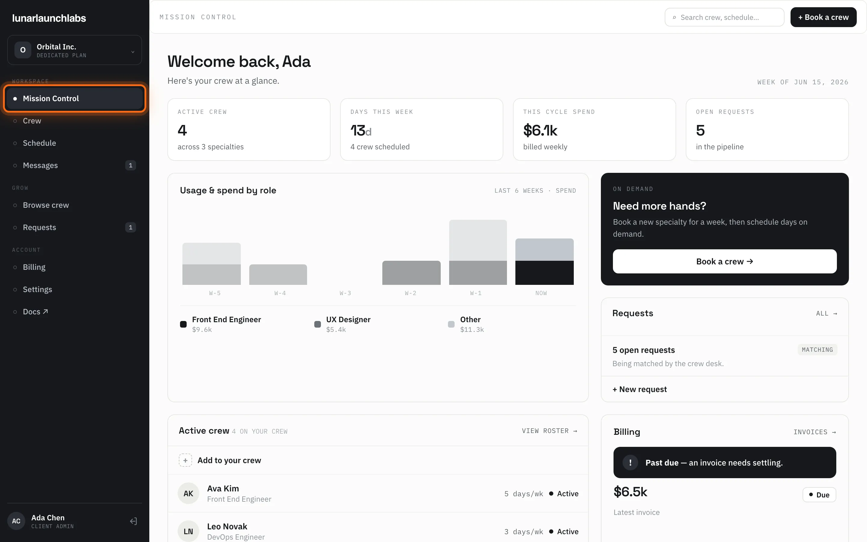 The client sidebar — workspace tile with plan label, the WORKSPACE, GROW, and ACCOUNT navigation groups, and the client admin footer
