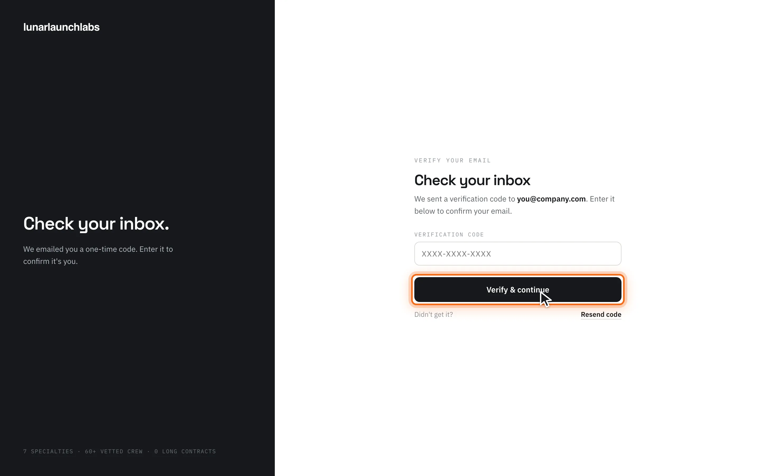 The verification screen with the “Verify &amp; continue” button highlighted
